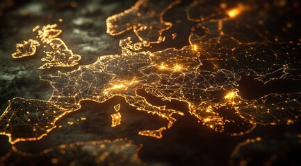 Poster - Glowing network map of Europe at night.