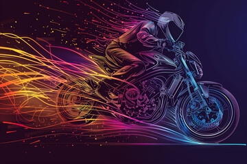 Poster - A line art of a motorbike in motion, with rainbow-colored trails flowing behind it.