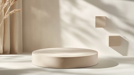 Poster - Minimalist beige pedestal with pampas grass and shadows for product placement