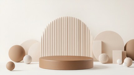 Poster - Minimalist brown podium showcasing products on a white surface with decorative shapes, perfect for beauty or fashion presentations