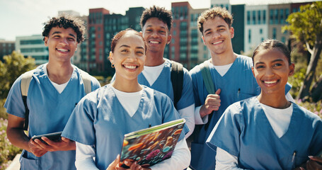 Poster - Group of people, outdoor and portrait as medical student for career, learning or education in clinic. Team, smile and together for development, healthcare or studying in university campus or hospital