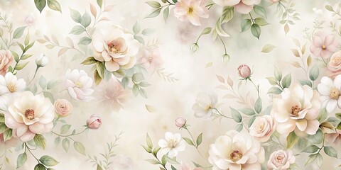 Wall Mural - Elegant Pastel Floral Design Soft Hues of White and Pink Roses with Delicate Greenery