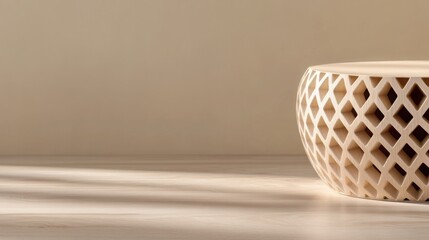 Poster - Modern interior design featuring an empty podium with a geometric pattern, illuminated by warm light, creating a stylish and minimalist atmosphere