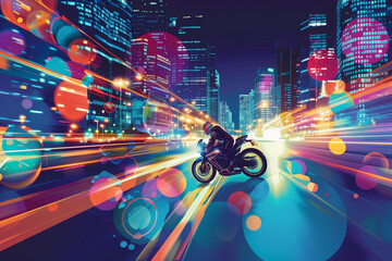 Poster - A line art of a motorbike speeding through a cityscape, with colorful lights and reflections.