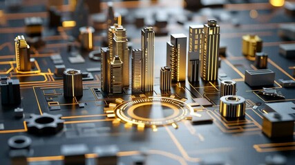 Poster - Futuristic Cityscape with Circuit Board Design and Glowing Elements in Cyberpunk Style