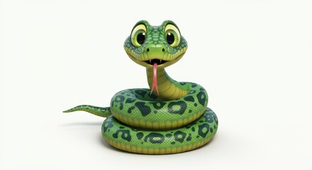 A cartoon snake with a cheerful expression, featuring bright green scales adorned with dark green spots. 