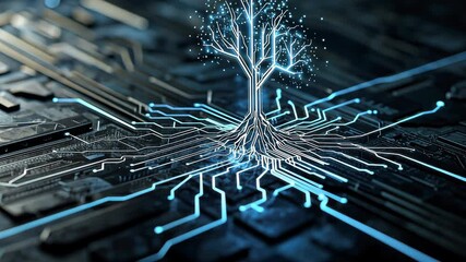 Poster - Futuristic Tree Design Emerging from Circuit Board with Neon Light Effects and Technology Vibes