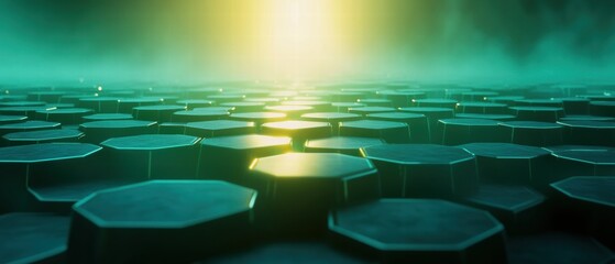 Poster - Glowing Hexagonal Grids in Digital Landscape with Ethereal Light in Background