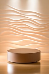 Poster - Empty round podium illuminates a modern presentation stage featuring a wavy backdrop, perfect for showcasing products