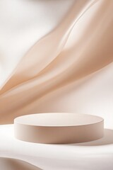 Poster - Empty round podium on beige flowing drapery background, perfect for showcasing products