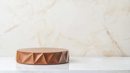 Poster - Brown empty podium displaying beauty or fashion product on white marble table and background
