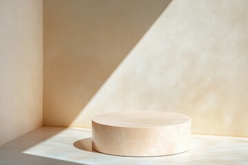 Poster - Minimalist empty round beige podium in corner of room with sunlight illuminating it, perfect for showcasing products