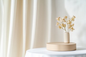 Poster - Round beige podium displaying dried flowers in vase on table with white tablecloth near curtain, creating elegant and minimalist scene