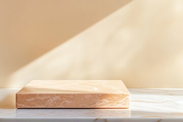 Poster - Empty marble podium on marble table illuminated by sunlight for product presentation on beige background with shadows