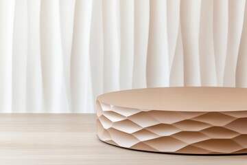 Poster - Empty textured podium on wooden surface with white wavy background, creating a modern and elegant space for showcasing products