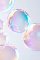 Poster - Colorful holographic soap bubbles floating on a light background, creating a dreamy and ethereal atmosphere