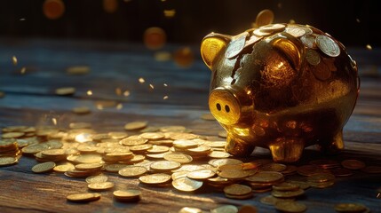 Golden coins pouring from a cracked piggy bank onto a wooden table, symbolizing financial struggles and savings loss 