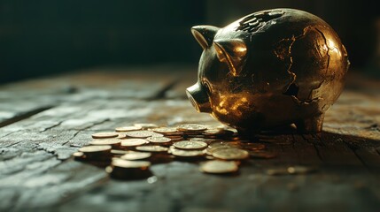 Golden coins pouring from a cracked piggy bank onto a wooden table, symbolizing financial struggles and savings loss 