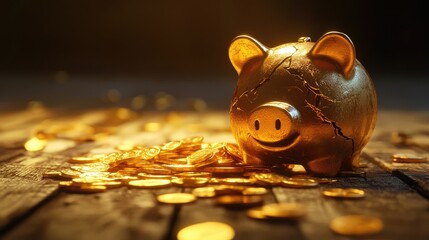 Golden coins pouring from a cracked piggy bank onto a wooden table, symbolizing financial struggles and savings loss 