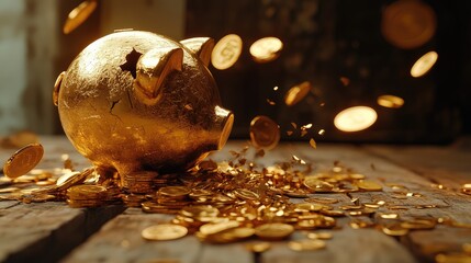 Golden coins pouring from a cracked piggy bank onto a wooden table, symbolizing financial struggles and savings loss 