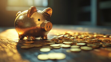 Golden coins pouring from a cracked piggy bank onto a wooden table, symbolizing financial struggles and savings loss 