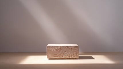 Poster - Empty wooden podium illuminated by natural light beams creating an elegant and minimalist backdrop for product display