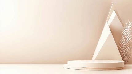 Poster - Minimalist pastel beige round podium showcasing beauty products, with palm leaf and triangle decorations, creating a serene backdrop for product placement