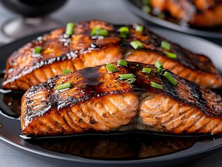 Wall Mural - a plate of salmon with sauce and green onions on it