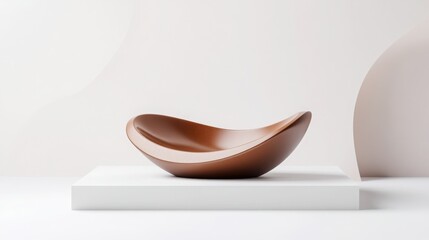 Poster - Wooden bowl resting on a white pedestal, creating a minimalist and elegant composition