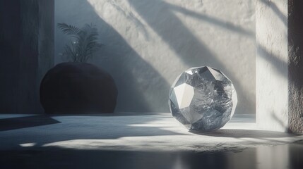 Wall Mural - Serene Minimalist Still Life: Crystal Sphere in Sunlit Room