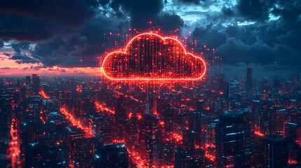 Poster - Red Cloud Data Network Over Illuminated Cityscape