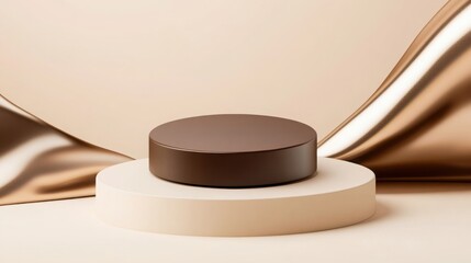 Poster - Round chocolate podium on beige pedestal with flowing golden fabric creating elegant product display