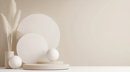 Poster - Minimalist beige product display featuring podiums, spheres, and pampas grass, creating a serene and elegant backdrop