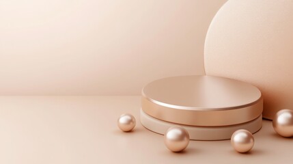 Poster - Minimalist pastel scene showcasing a golden podium perfect for displaying cosmetic products, accompanied by decorative spheres
