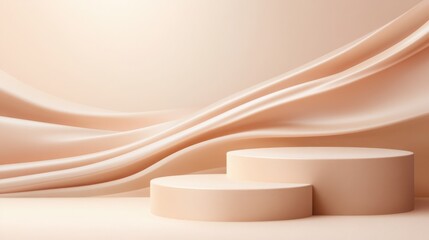 Poster - Two round podiums with flowing drape backdrop creating elegant scene for placing products on a beige background