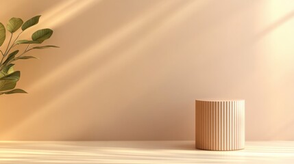 Poster - Empty beige round display stand with plant and sunlight creating shadows on wall, perfect for product placement