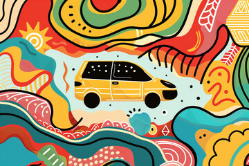 Poster - A line art of a car surrounded by colorful, abstract shapes and designs.