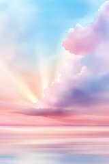 Poster - Watercolor painting of a serene seascape with pastel-colored clouds and sunbeams filtering through, creating a tranquil atmosphere