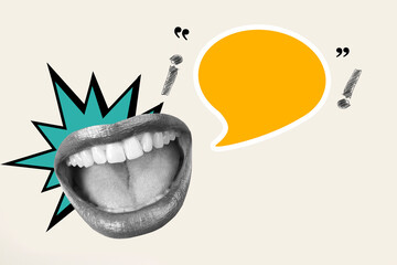 Woman open mouth with orange speech bubble with exclamations marks