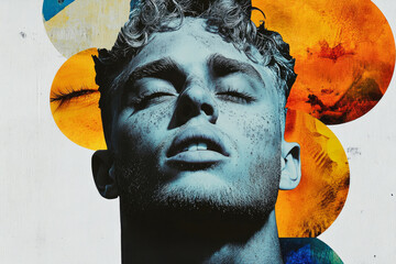 Poster - A close-up of a male face is highlighted with abstract patterns and color transformations in the background.