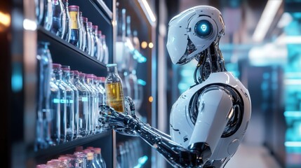 Poster - Futuristic Robot Analyzing Beverage Bottles in a High-Tech Storage Environment with Modern Technology and Advanced Robotics in Focus