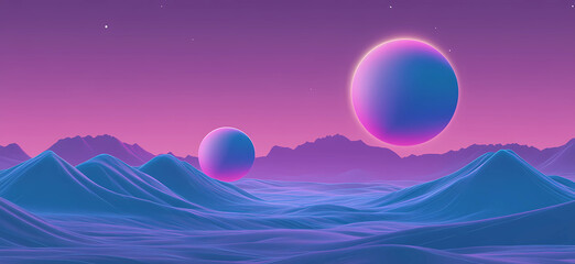 Wall Mural - 3d render of two moons on the sky, simple landscape with purple mountains, simple shapes, synthwave, purple and blue colors