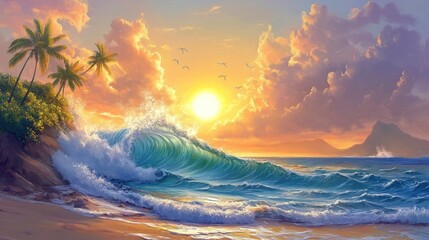 Canvas Print - Ocean Sunset with Palm Trees and Breaking Wave