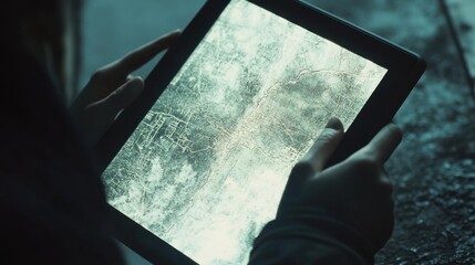 Aufkleber - Person Holding Tablet with a Detailed Map Displayed on the Screen in a Dimly Lit Environment, Showcasing Modern Technology and Exploration Concepts