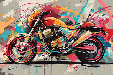 Poster - A graffiti-inspired line art of a motorbike, with splashes of color and urban-style elements.