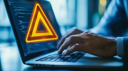 Businessman or it staff , programmer, developer using computer laptop with triangle caution warning sign for notification error and maintenance concept