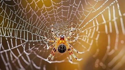 Dew-covered spiderweb, colorful spider waits.