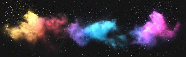 Wall Mural - Colorful colored smoke clouds on black background, space style illustration, galaxy background, vector illustration, colorful