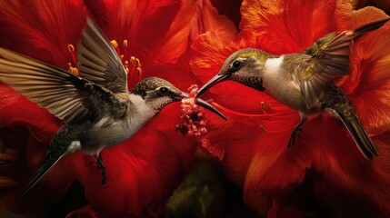 Poster - Hummingbirds Sharing a Nectar Feast in a Red Bloom