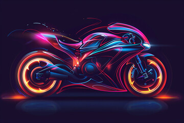 Poster - A vibrant line art of a sleek motorbike with neon colors, glowing against a dark background.